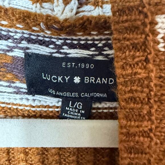 Lucky Brand Boho Knit Open Mustard Brown Cream Sweater SZ L Pockets Tribal Aztec - Picture 3 of 7